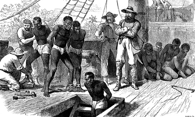 Artwork depicting slaves being brought to America on a ship headed to Jamestown, Virginia
