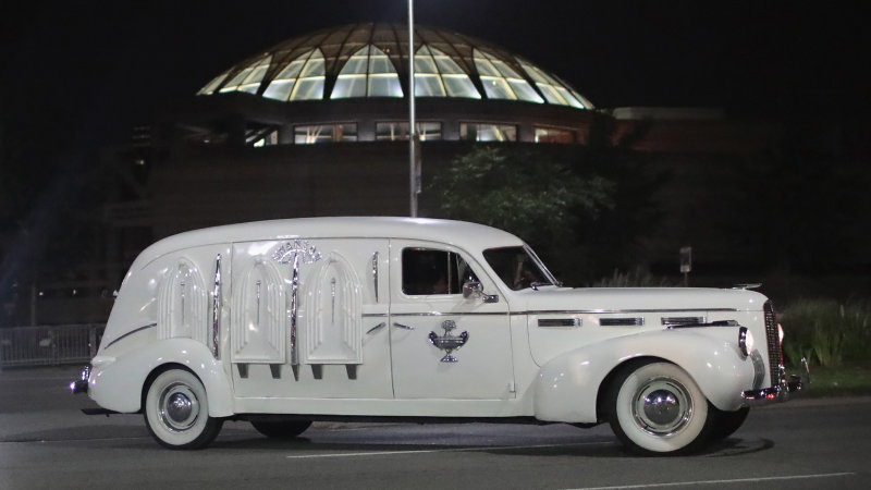 DETROIT, MI - AUGUST 28: A vintage hearse carrying the remains of Aretha Franklin leaves the Charles H. Wright Museum of African-American History following a day-long public viewing on August 28, 2018 in Detroit, Michigan. Franklin will lie in repose at the museum for another day-long public viewing tomorrow. Franklin's funeral will be held Friday at Greater Grace Temple. (Photo by Scott Olson/Getty Images)