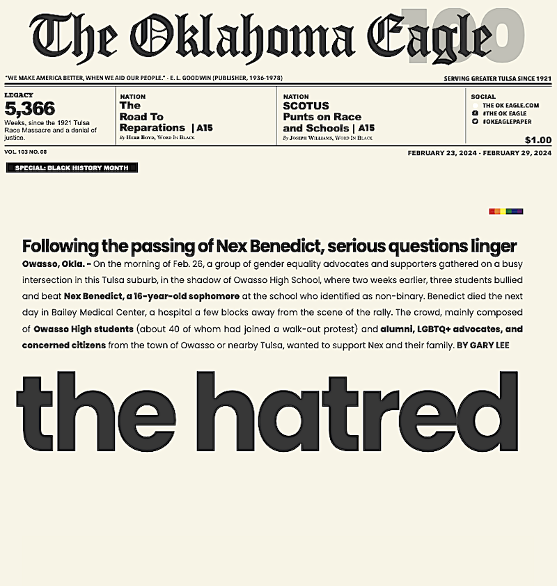Nex Benedict, Tulsa Public Schools, All-Black Towns, Black Towns, Oklahoma Black Towns, Historic Black Towns, Gary Lee, M. David Goodwin, James Goodwin, Ross Johnson, Sam Levrault, Kimberly Marsh, John Neal, African American News, Black News, African American Newspaper, Black Owned Newspaper, The Oklahoma Eagle, The Eagle, Black Wall Street, Tulsa Race Massacre, 1921 Tulsa Race Massacre